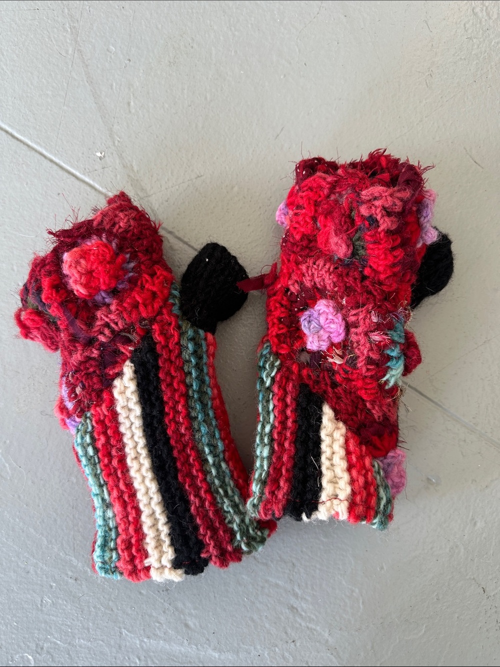Handmade Red Floral Knit Fingerless Gloves